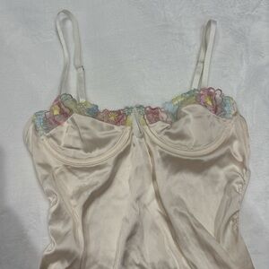 Elegant Cream Satin Chemise with Floral Lace Trim